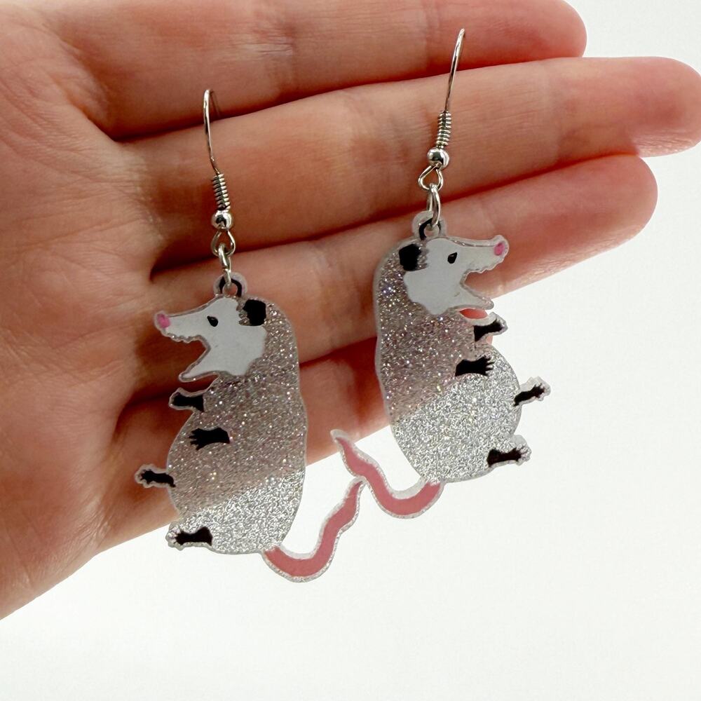 Quirky Possum Glitter Earrings: Weirdcore Animal Jewelry